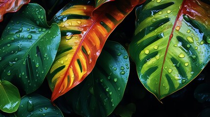 tropical leaves under rainfall, vibrant droplets, photorealistic