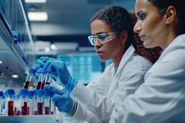 In a brightly lit laboratory, two scientists collaborate while handling blood samples, embodying teamwork and discovery