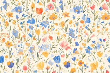 A vibrant and colorful pattern featuring blooming flowers, leaves, vines, and other plants 