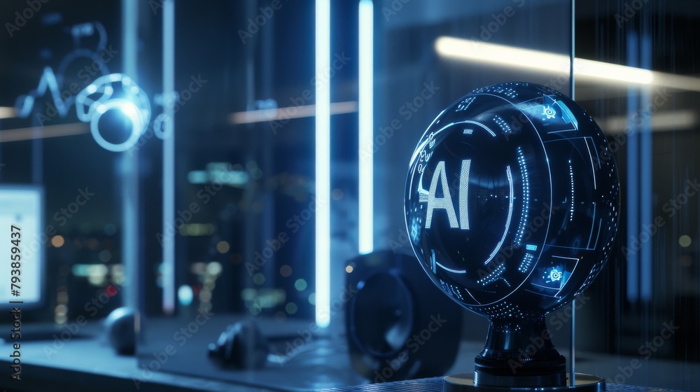 Poster a conceptual ai interface with intricate digital patterns encapsulated in a spherical design
