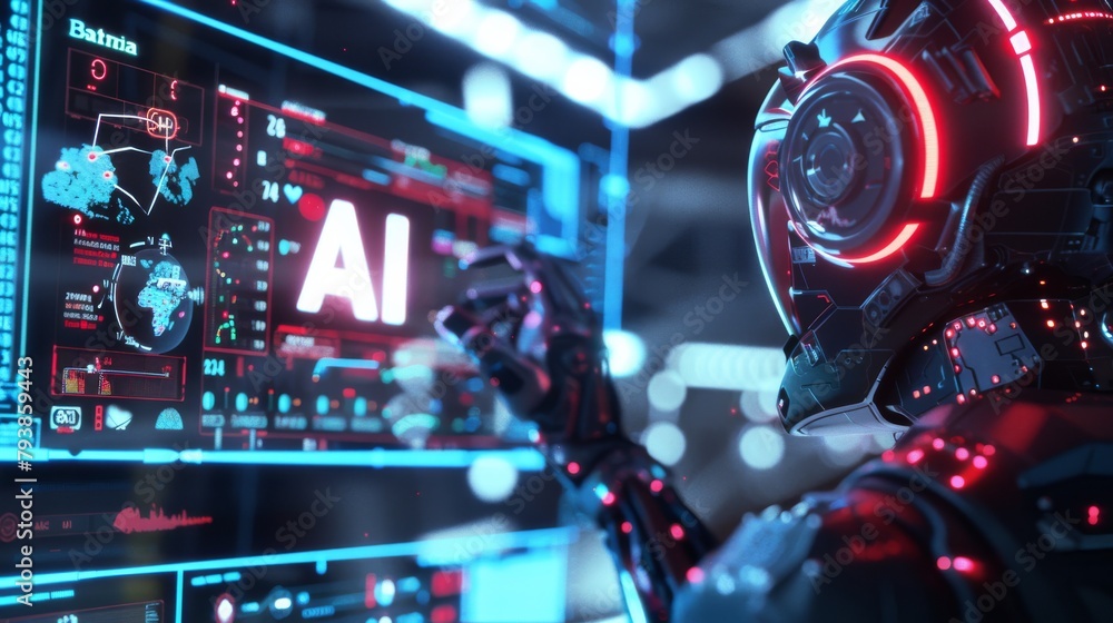 Poster a robotic figure interacting with data screens displaying 'ai', signifying surveillance and data ana