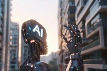 A humanoid robot's head with the letters AI illuminated, reflecting the advancement of artificial intelligence