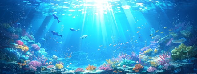 A vibrant coral reef scene with colorful fish swimming among the corals under shimmering blue water. The background is filled with an array of different types and colors of sea life