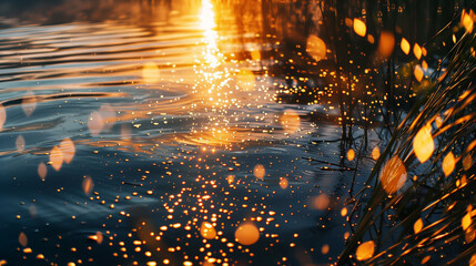 golden hour sun reflection in the water with sparkles and abstract deformations - obrazy, fototapety, plakaty