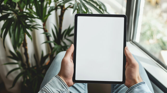 man holding black tablet iPad pro mockup vertical with white blank screen, sitting on chair at home office with flowers and greenery background