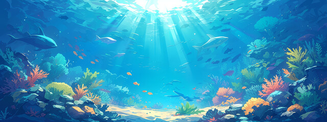 A vibrant coral reef with colorful fish swimming around, creating an underwater scene for an ocean-themed background