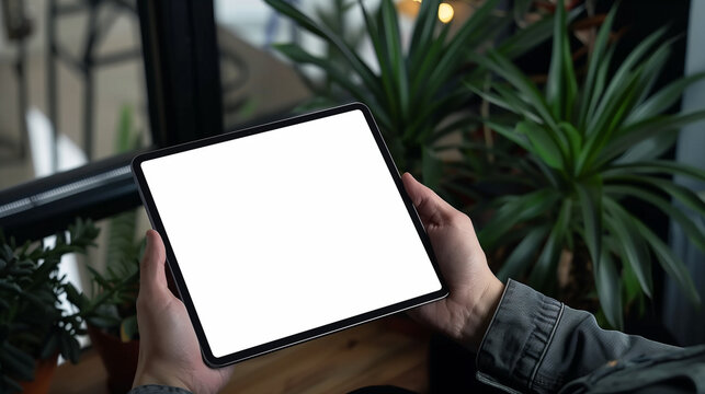 man holding black tablet iPad pro mockup horizontal with white blank screen, sitting on chair at home office,  flowers and greenery background