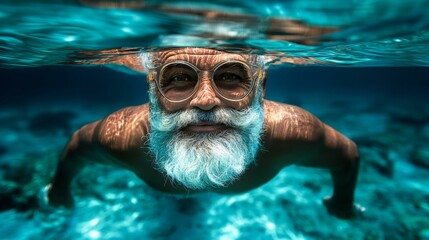 Fototapeta premium Joyful Senior Man with White Beard Snorkeling in Clear Tropical Waters