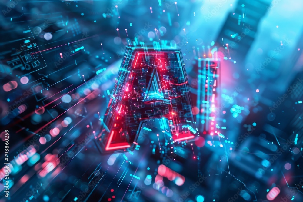 Poster a brilliant representation of ai in glowing neon lights with abstract digital elements symbolizing a