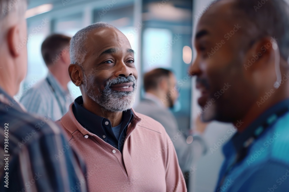 Poster elderly gentleman with a friendly demeanor actively engaging in a conversation with work peers in an