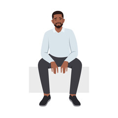 Young lonely black man sitting on a bench. Young depressed male character. Flat vector illustration isolated on white background