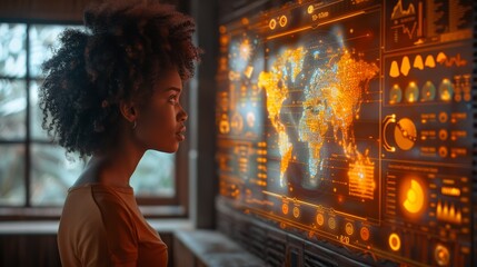 A woman stands before a futuristic digital interface with world map data visualization elements
