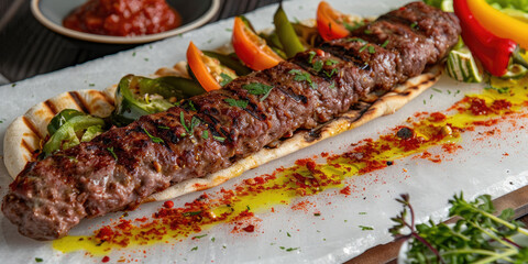 Turkish kebab with flat bread served on white marble background served with tomatoes, peppers,...