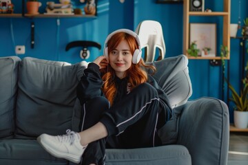 Obraz premium A cheerful woman with red hair enjoys music with headphones, sitting on a couch in a cozy room