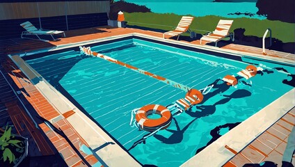 Summer pool vacation at sunny day. Summer relaxing and enjoyment concept with free copy space for text. AI generated illustration in pop art style.