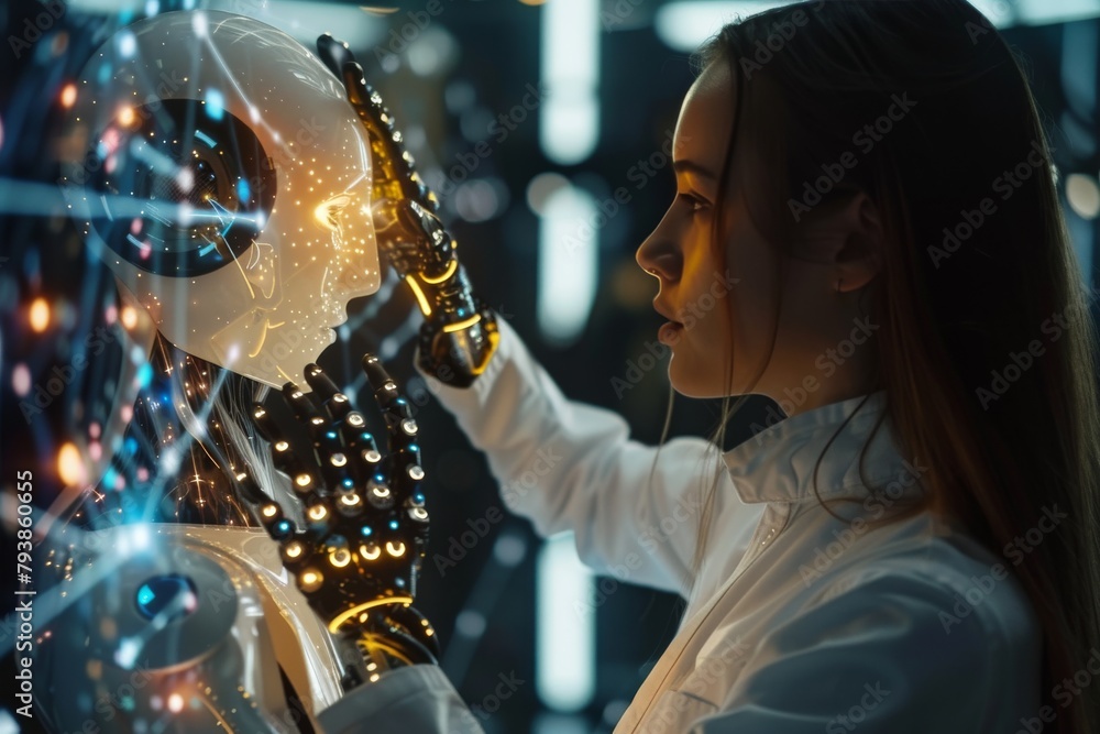 Poster a focused scientist in a high-tech lab interacts with an advanced robotic arm, embodying the synergy