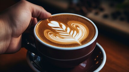 A person softly holds a cup of coffee adorned with a delicate leaf