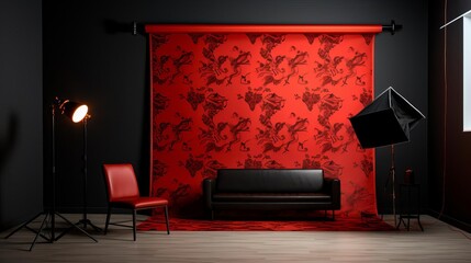 A red patterned backdrop with a black leather couch and red chair in front of it. There is a spotlight on the left and a softbox on the right.