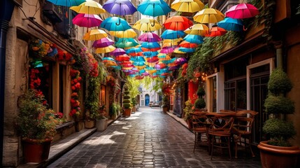 Colorful umbrellas in various shades hang from the ceiling of a vibrant street, creating a whimsical and inviting atmosphere - Powered by Adobe