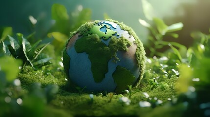 Obraz na płótnie Canvas Green earth globe on green moss background. 3d render illustration.