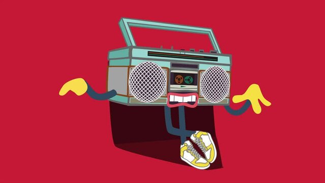 A cartoon tape recorder with arms and legs in sneakers spins a cassette tape and music plays in the speakers. Retro groovy animation
