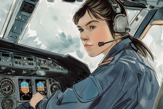 Portrait of a determined female pilot in uniform. Sitting in the cockpit of an airplane. Wearing a headset and focused on the flight instruments and controls