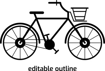 Classic black bicycle drawing with editable outline on transparent background
