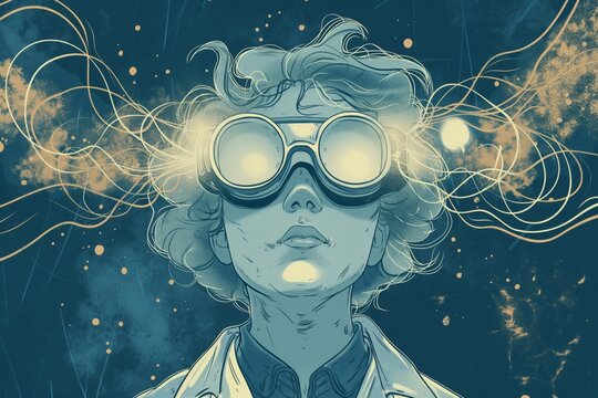 Illustration of a dreamy scientist with magical glowing goggles against a cosmic backdrop