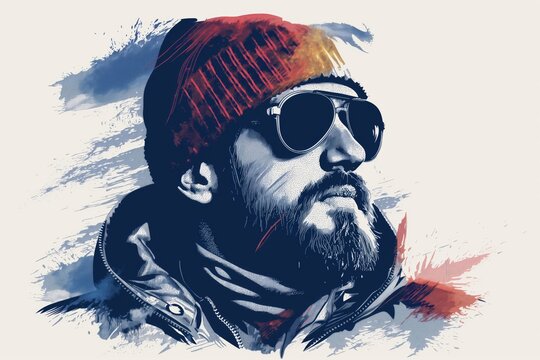 Artistic illustration of a cool bearded man wearing sunglasses and winter hat