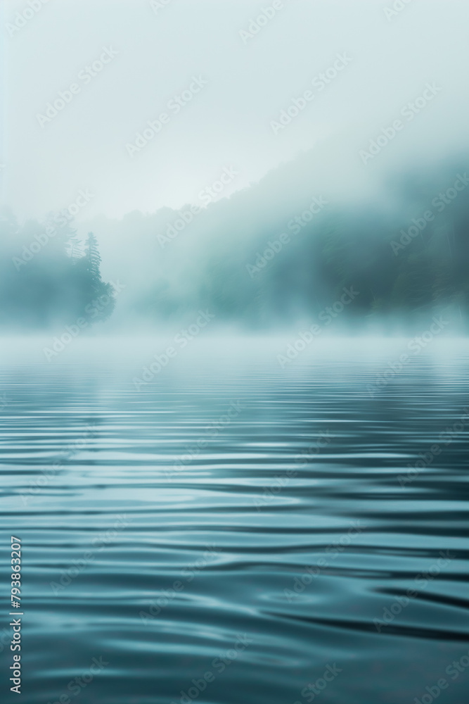 Poster vertical lake view in foggy day. nature background with copy space.