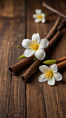 Obraz na płótnie Canvas Vanilla sticks with flower and leaf on a white wooden background
