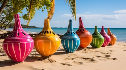 Colorful vases line the sandy beach, creating a vibrant display against the backdrop of the seashore
