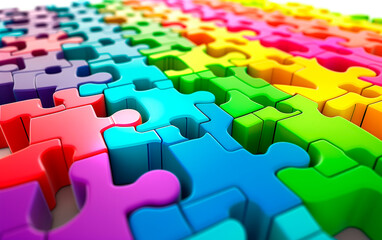 Multi colored jigsaw puzzle header background. Creativity and intelligence concept. Wallpaper for school activities.