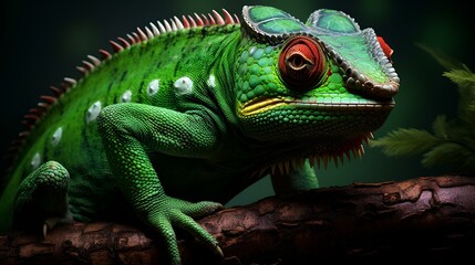 Obraz premium Portrait of green iguana in profile on a green