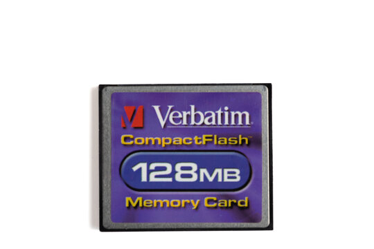 Old Verbatim 128MB low capacity compactflash memory card for digital cameras.