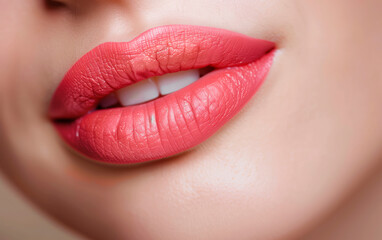 Close up photo of sensual pink lips. Female cosmetic make up concept. Pink lipstick gloss for women.