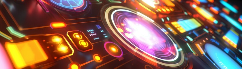 The image is a detailed view of a futuristic spaceship control panel. The panel is made up of a variety of different buttons, switches, and lights. The lights are all different colors, and they are ar - obrazy, fototapety, plakaty