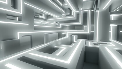 3D rendering of a maze with glowing white lines