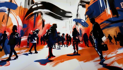 An abstract painting of people walking in a city. The painting is made up of bright colors and bold brushstrokes. The people are all faceless and they are all wearing the same clothes. The painting ha - obrazy, fototapety, plakaty
