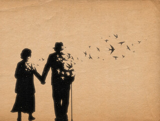 Elderly couple silhouette. Death and afterlife. Flying swallows flock