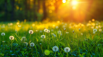 Forest meadow with fresh green grass and dandelions 