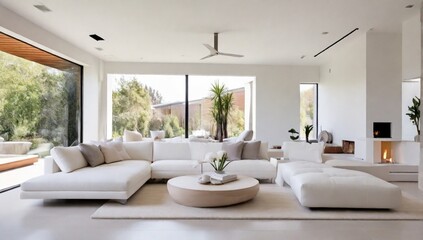 Fototapeta premium Beautiful interior view of a modern house with calming white walls, furnishings, and technology 