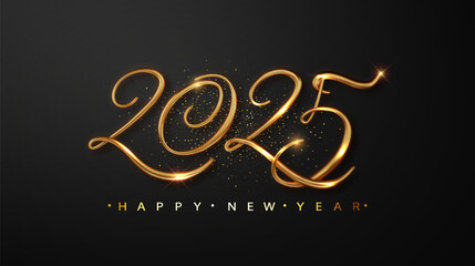 Happy new year 2025 banner with realistic golden luxury number. 2025 Happy new year and Merry Christmas festive design template