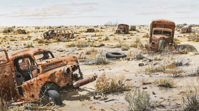 rusty abandoned cars in the middle of a desert