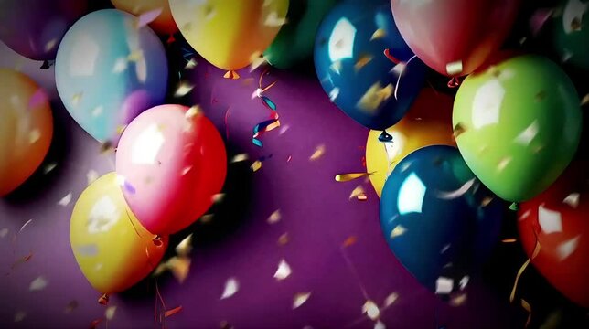 Cheerful Birthday Bash: Vibrant Balloons and Confetti on Purple Background for Festive Celebrations, Joyful Events, and Colorful Decorations