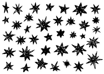 Set of abstract star shapes. Black and white textured galaxy stars. Retro futuristic sparkle icons collection. Vector set of Y2K style. Templates for posters, banners, stickers, business cards