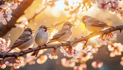 Fotobehang Symphony of Spring: Birds Serenade Among Blossoms © KB Kalmati