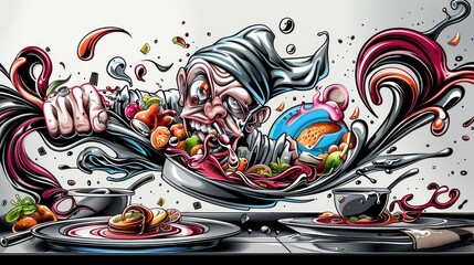 A graffiti-style painting of a chef cooking with bright colors and a lot of energy.