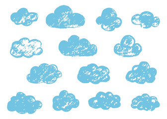 Simple hand drawn cloud collection. Abstract blue cloudy set vector illustration. Sketch brush stroke speech bubble. Simple childish hand-drawn background. 