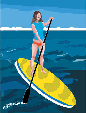 Young Sport Girl with paddle in hands surfing waves in sunny summer day